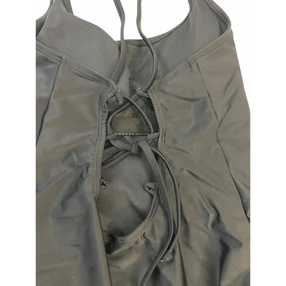 NWT SHEIN Black One Piece Swimsuit Lace Up Crossed Straps Girls Swimwear - Picture 3 of 8